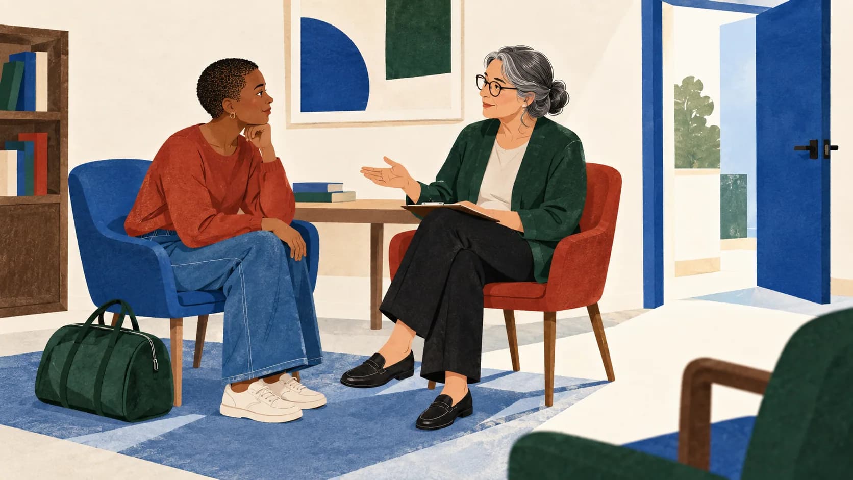 A patient with an overnight bag sitting down to speak with a staff member.