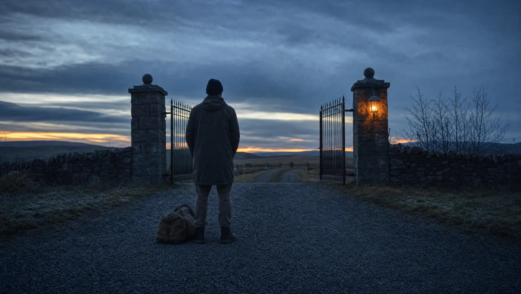 A figure standing at the end of a long gravel drive at first light with a bag at their feet, facing away toward an open gate.