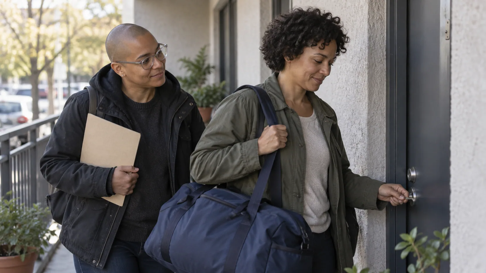 A person returning home with a trusted friend, bag and folder.