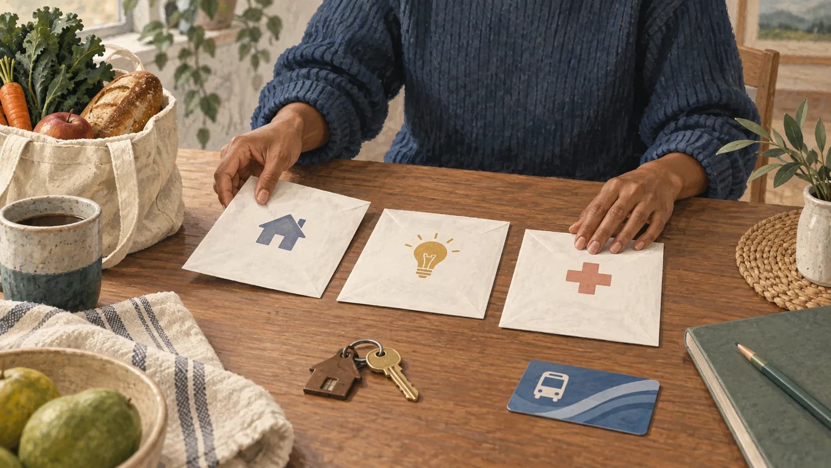 Illustration of hands sorting bill envelopes beside groceries, house keys and a transit pass.