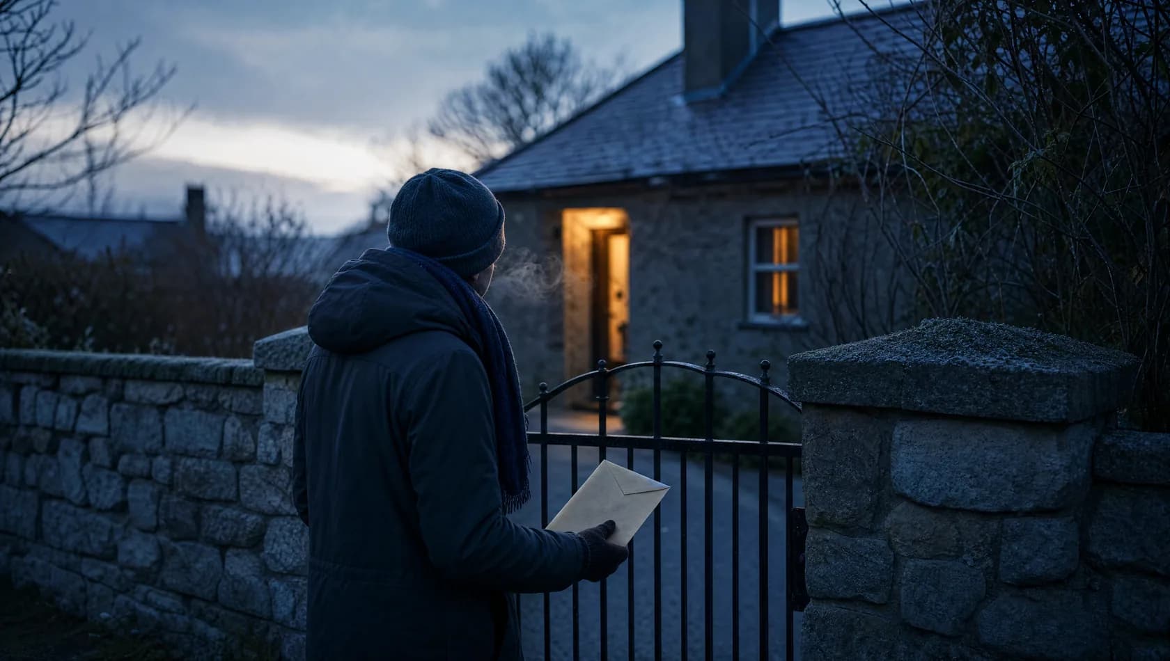 A person standing at a front gate at dawn holding a plain unopened envelope, breath visible, one warm hall light behind.