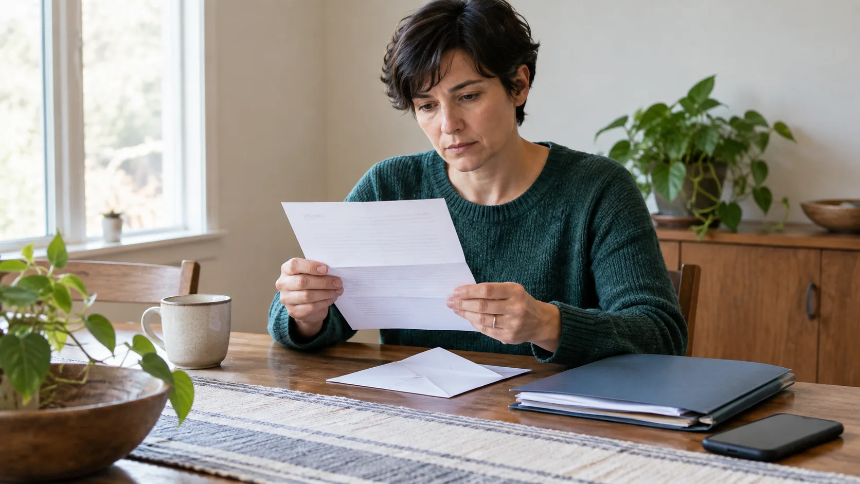 A person calmly opening a plain letter at a dining table.