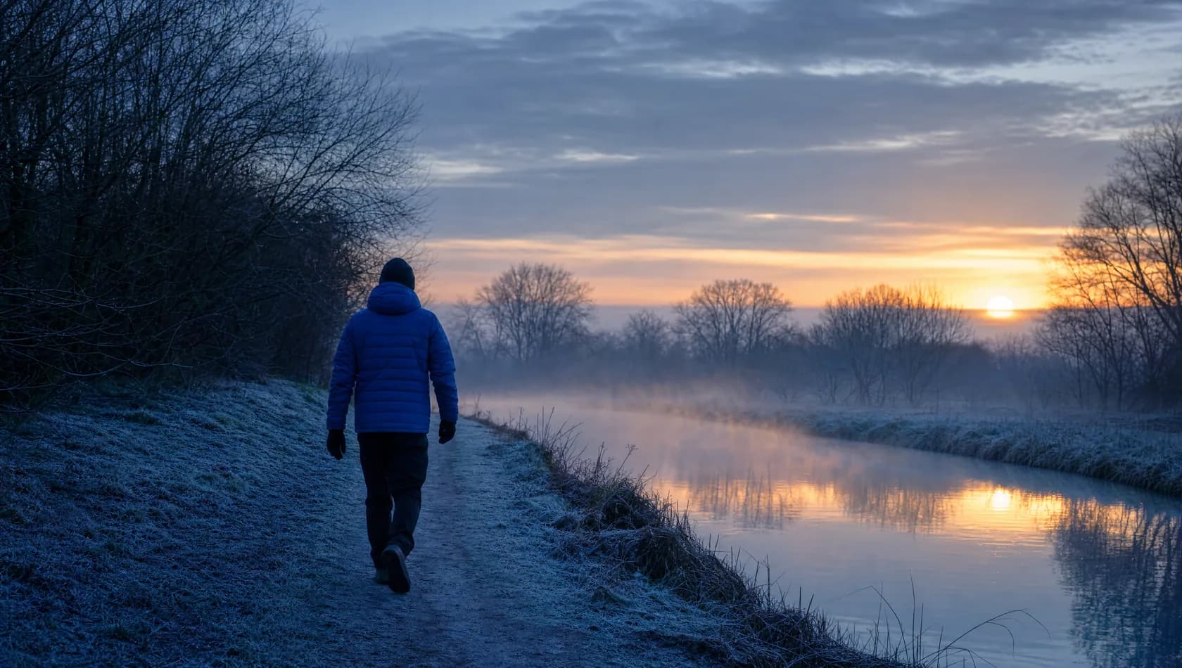 A figure walking a canal towpath at sunrise seen from behind, low gold on the water, blue-grey banks.