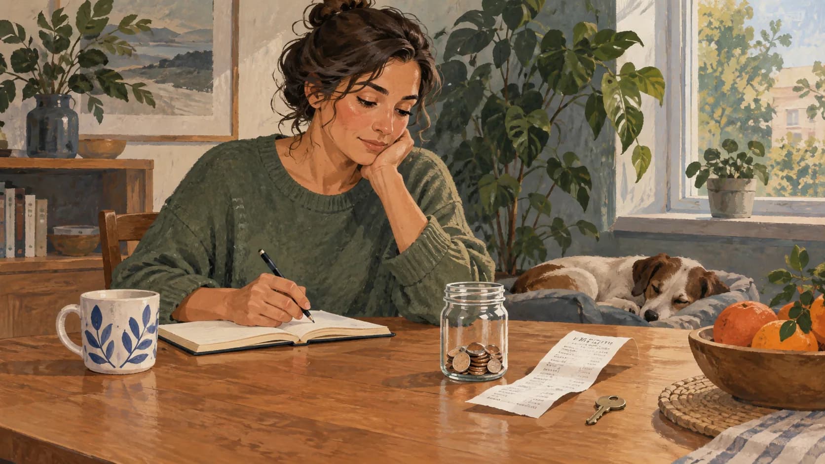A few coins set into a small clear jar beside an ordinary grocery receipt and spare house key.
