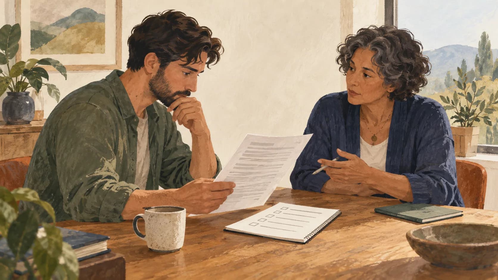 A person comparing a written agreement with a short question list while speaking to an adviser across a table.