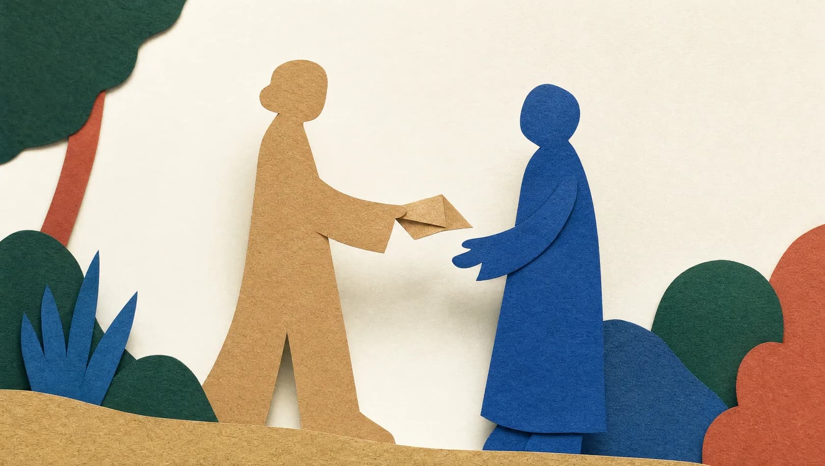 A paper-cut illustration: a paper hand offering a folded shape to another, both simplified, sand and deep blue on cream.
