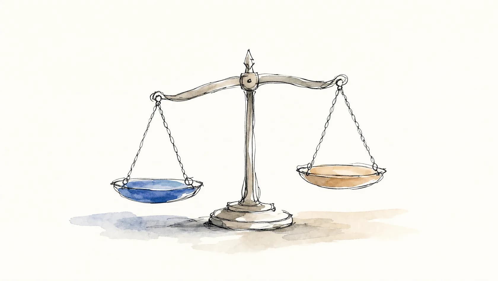 An ink-and-wash drawing: two loosely drawn scale pans at rest, one washed blue and one washed sand.
