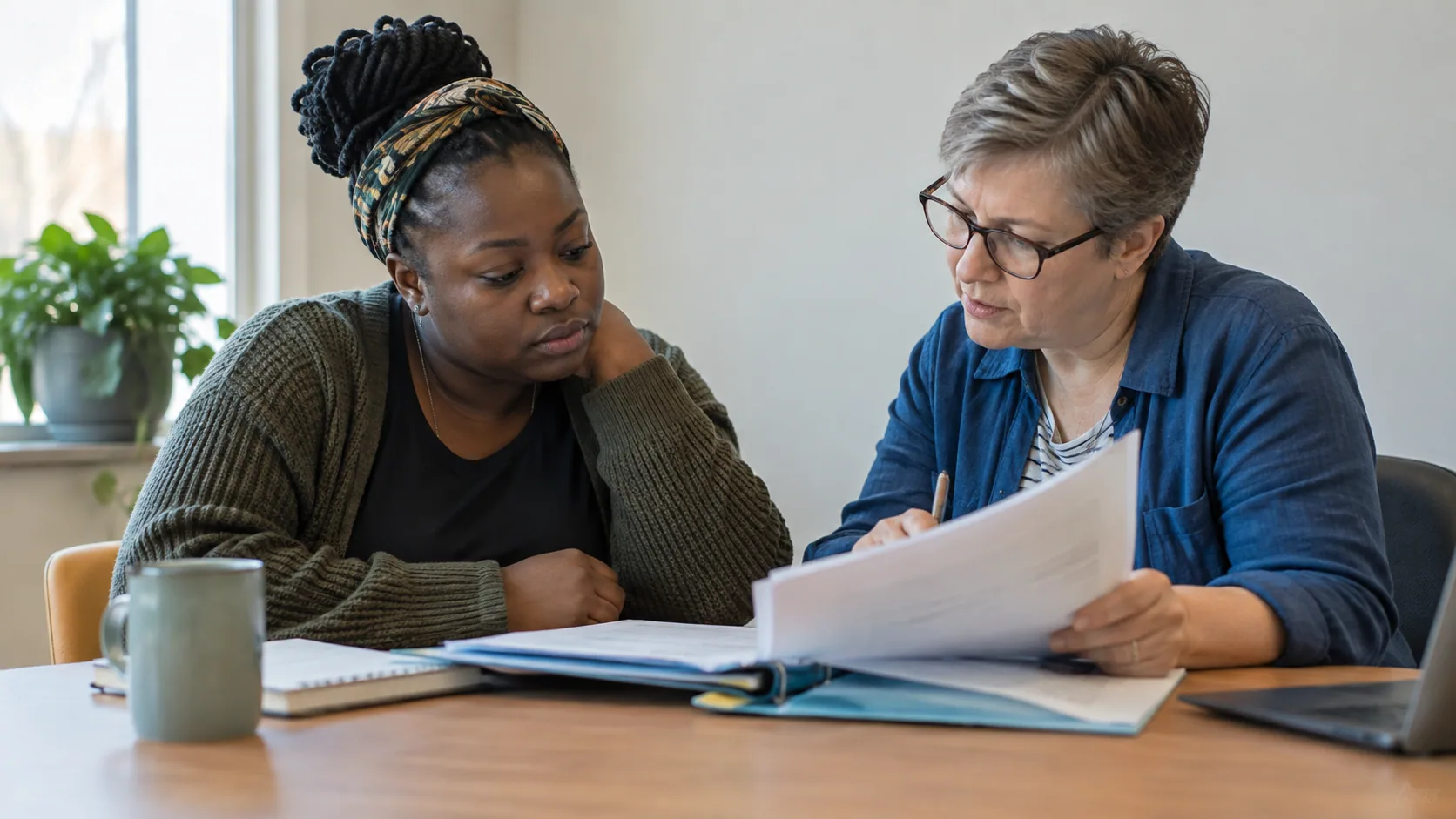 A Black woman receiving practical paperwork help from a volunteer at an unbranded community advice desk.
