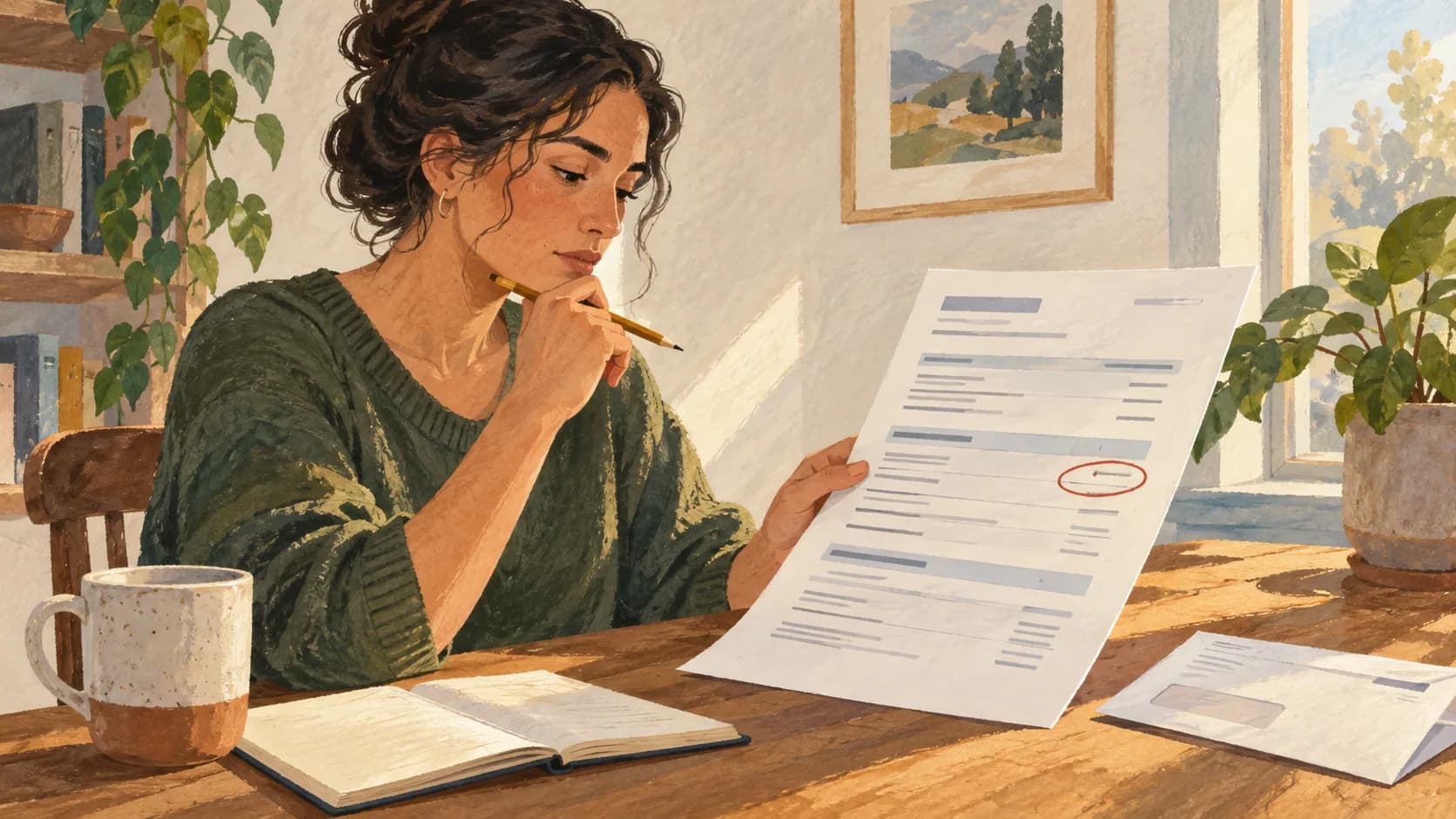 A large clean credit-report-like sheet with abstract lines and one small circled inconsistency.
