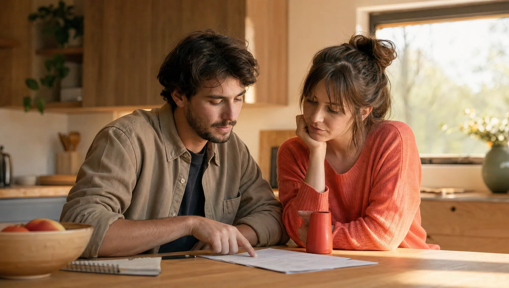 Two adults side by side at a kitchen counter in the late afternoon, one pointing at a page on the worktop while the other leans in, warm wood and sand tones.