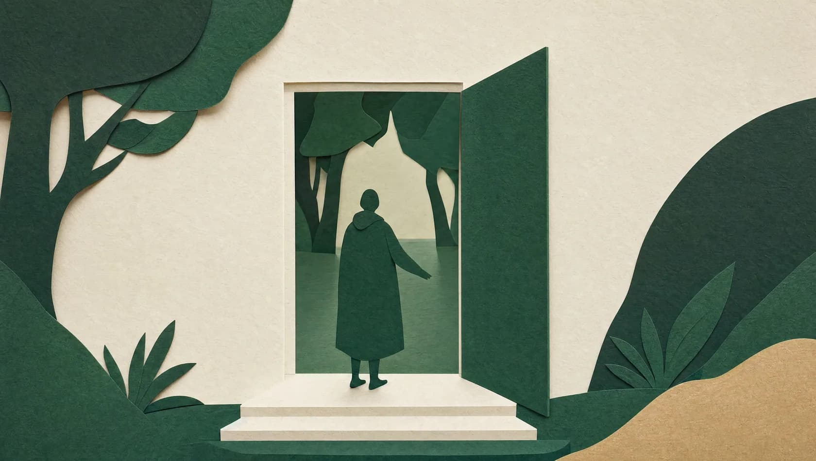 A paper-cut illustration: a paper doorway with a cut-out threshold and a simplified figure paused at it, forest green and cream.