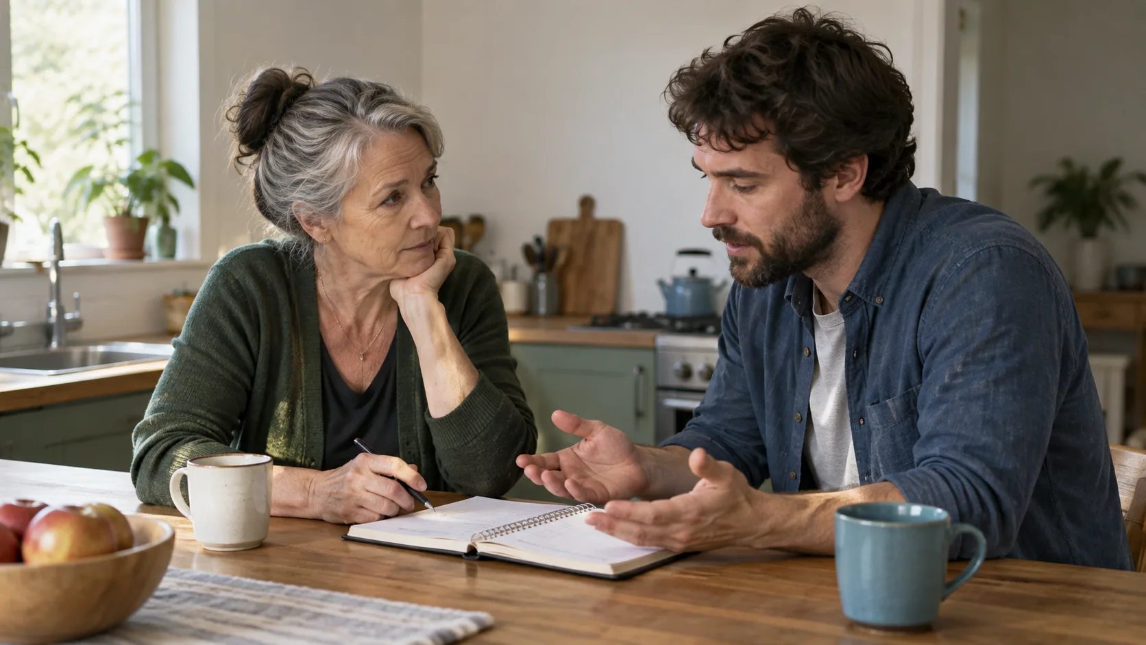 Two adult relatives at a kitchen counter discussing a small shared-expense notebook.