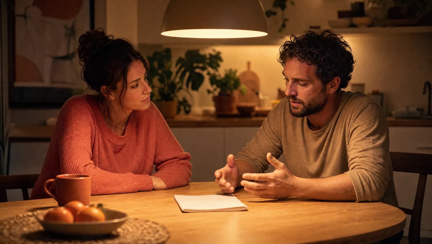 Two adults either side of a kitchen table under a low pendant lamp in the evening, a folded blank paper between them, warm amber pool.