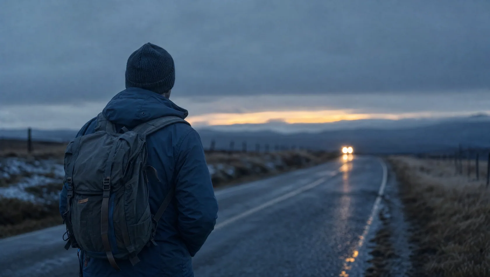 A person waiting at a roadside with a rucksack before sunrise, blue-grey verge, one distant pair of headlights.