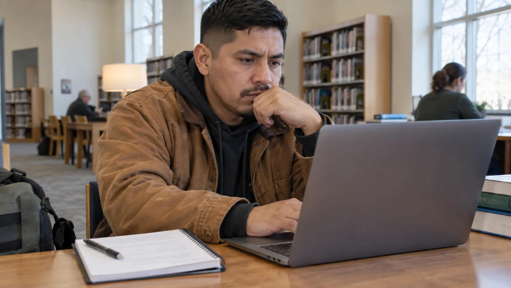 A Latino man in work clothes looking over job listings on a laptop in a public library.