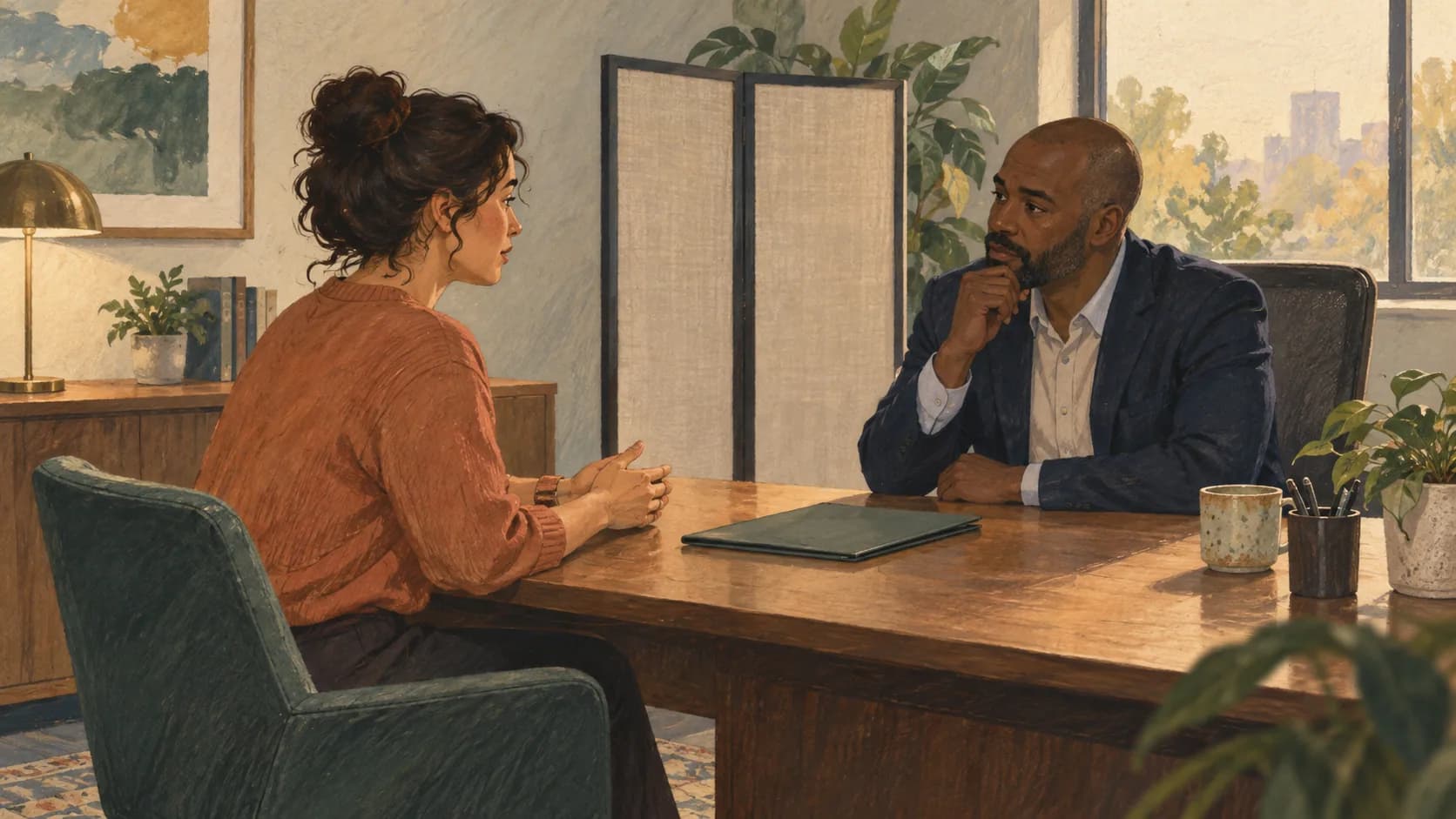 An employee and manager in a quiet private office conversation with a closed folder between them and a small privacy screen.