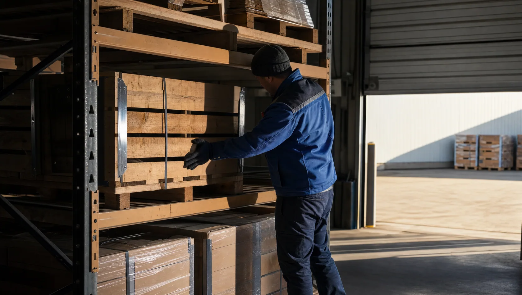 One person in a workwear jacket checking a rack in a loading bay, shafts of hard daylight through a roller door.