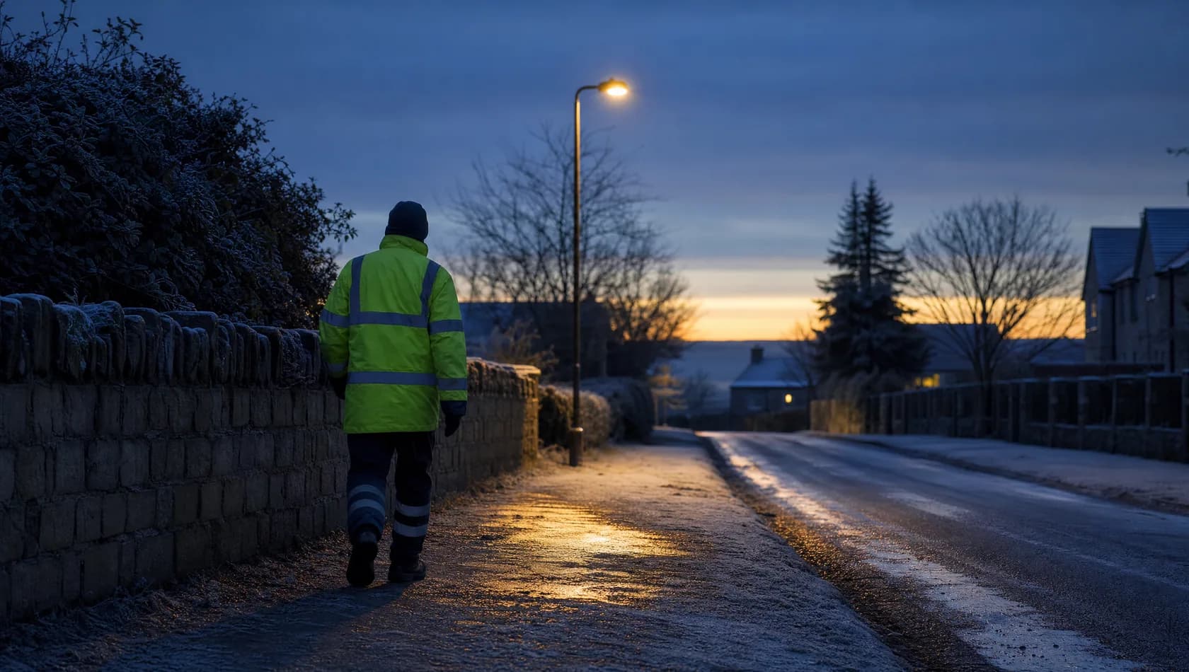 A figure in a high-visibility jacket walking home along a frosted pavement at dawn, low gold light on wet ground.