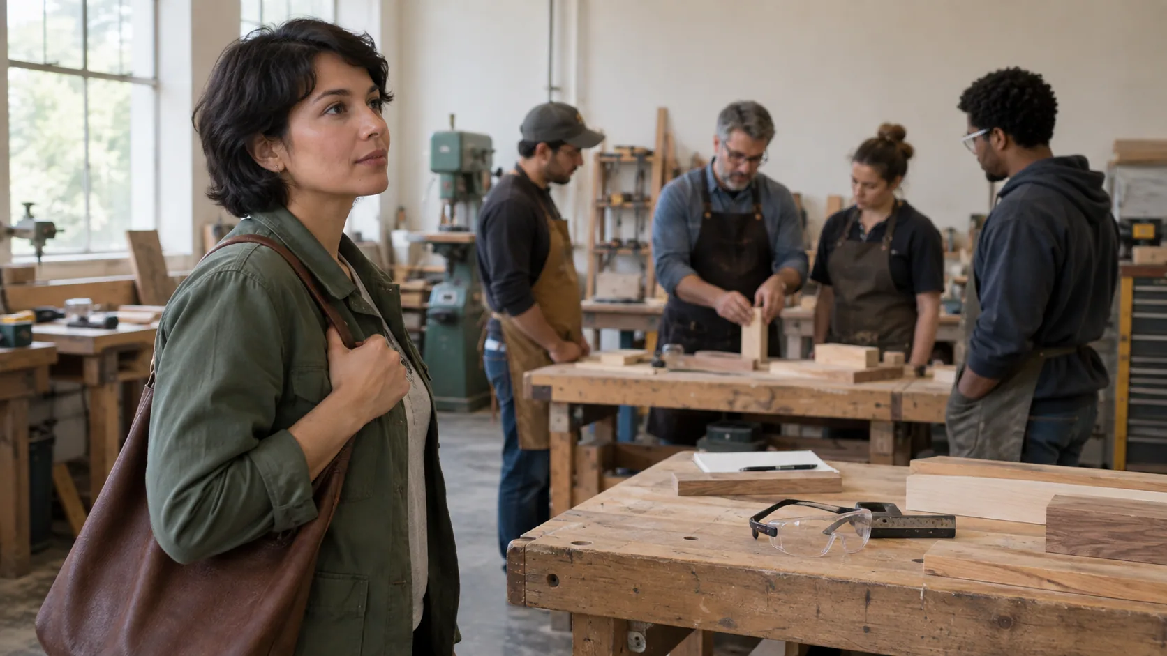 An adult prospective student looking around a practical woodworking class before enrolling.