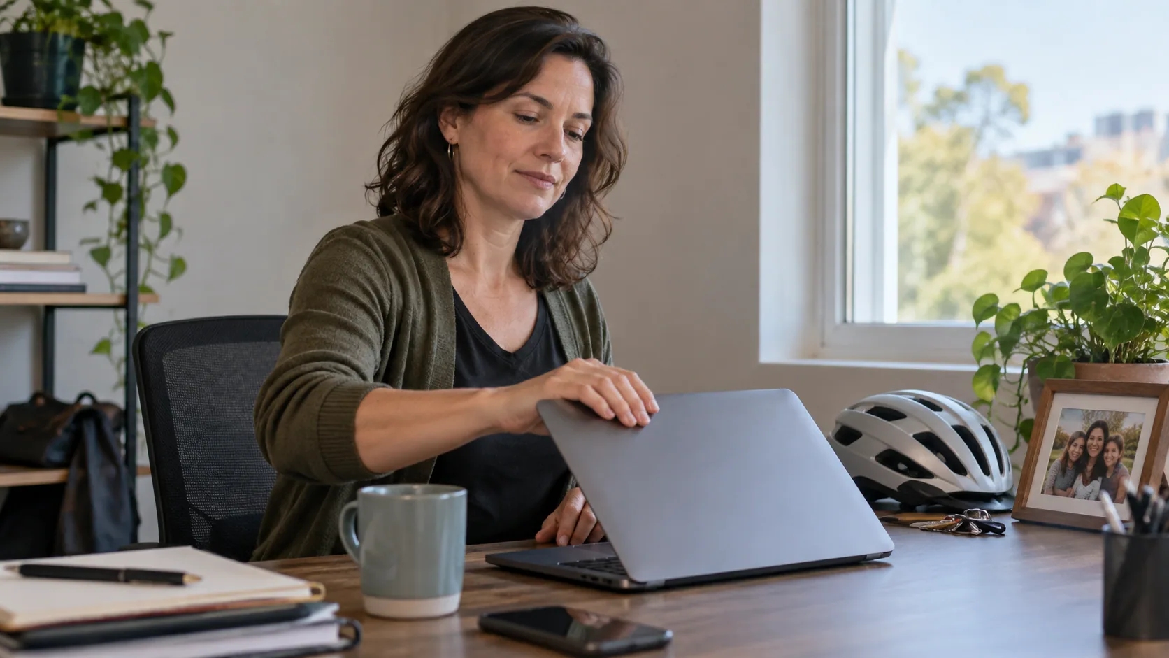A woman in her forties closing her work laptop at a modest office desk while daylight remains.