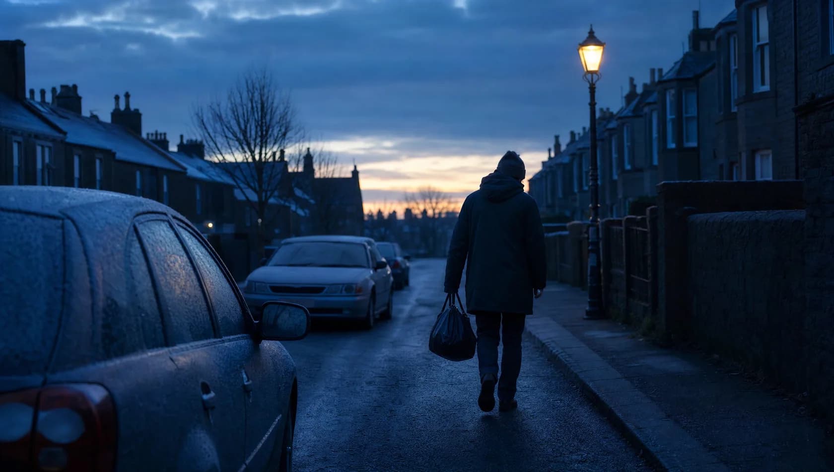 A figure carrying a holdall along an empty residential street at first light, frost on parked cars, blue-grey throughout.