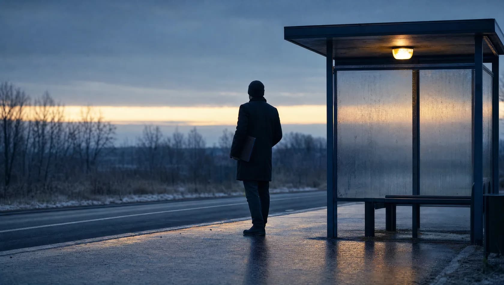A person at a bus stop at dawn with a plain folder under one arm, seen in silhouette against a pale gold band.