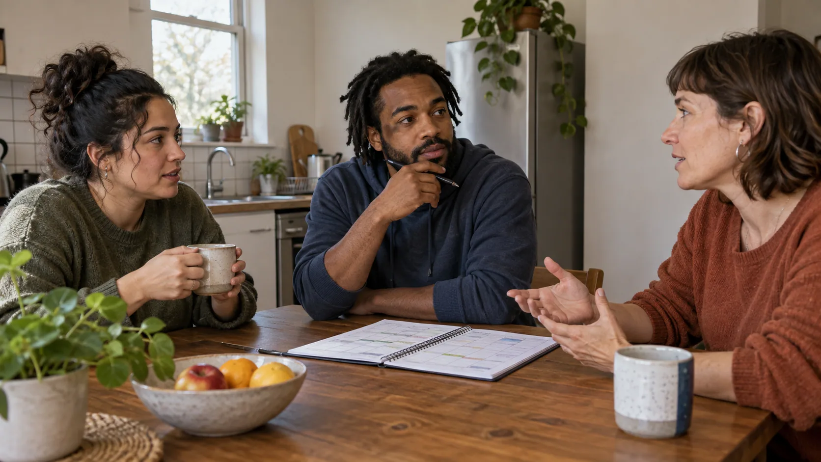 Three adult housemates at a modest kitchen table discussing a weekly schedule.