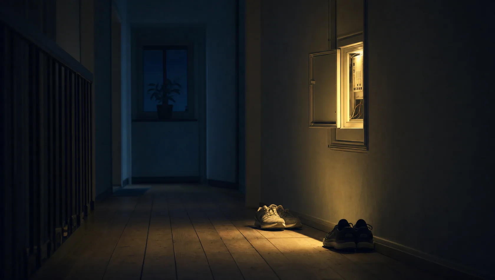 A shared hallway at night lit only by the glow of a meter cupboard, two sets of shoes against the wall.