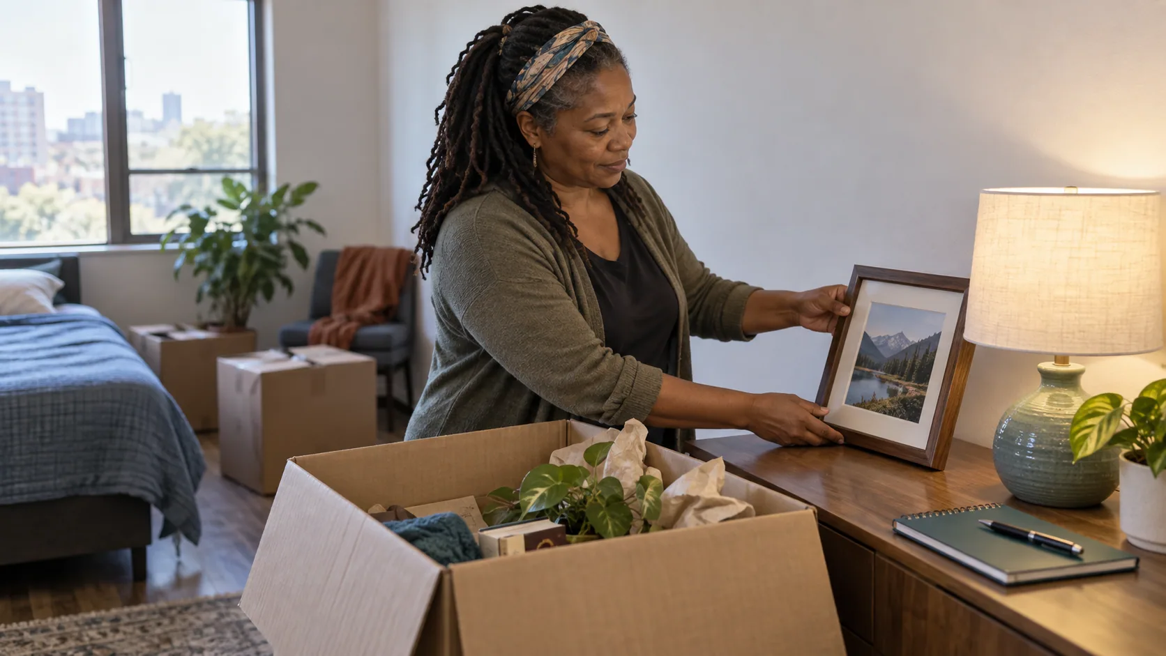 A middle-aged Black woman unpacking a clearly personal box in a small new apartment.