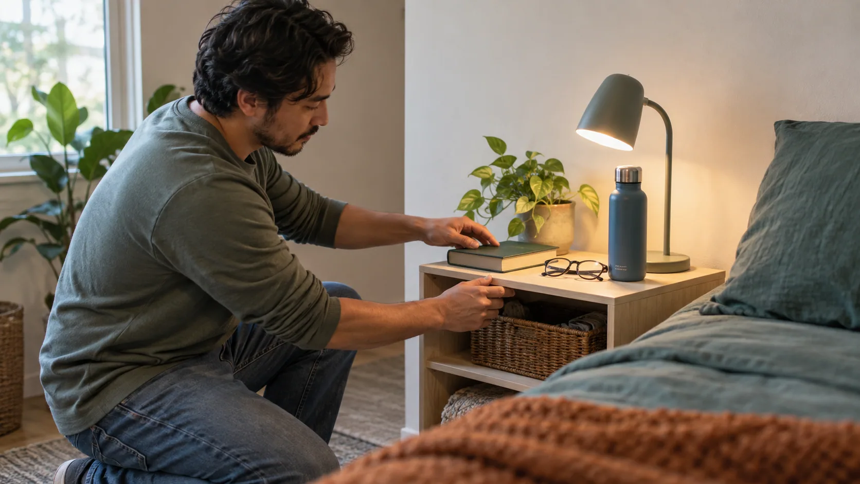 Hands arranging a small accessible bedside shelf with a reading light.