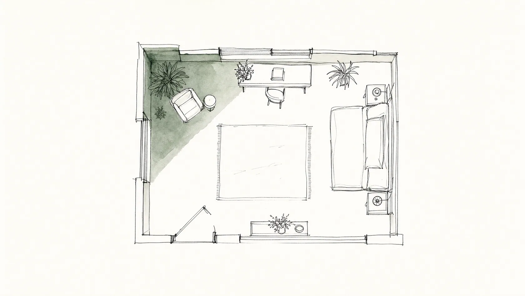 An ink-and-wash drawing: a loose plan of one room drawn from above with a single corner washed in sage and everything else left as open line.