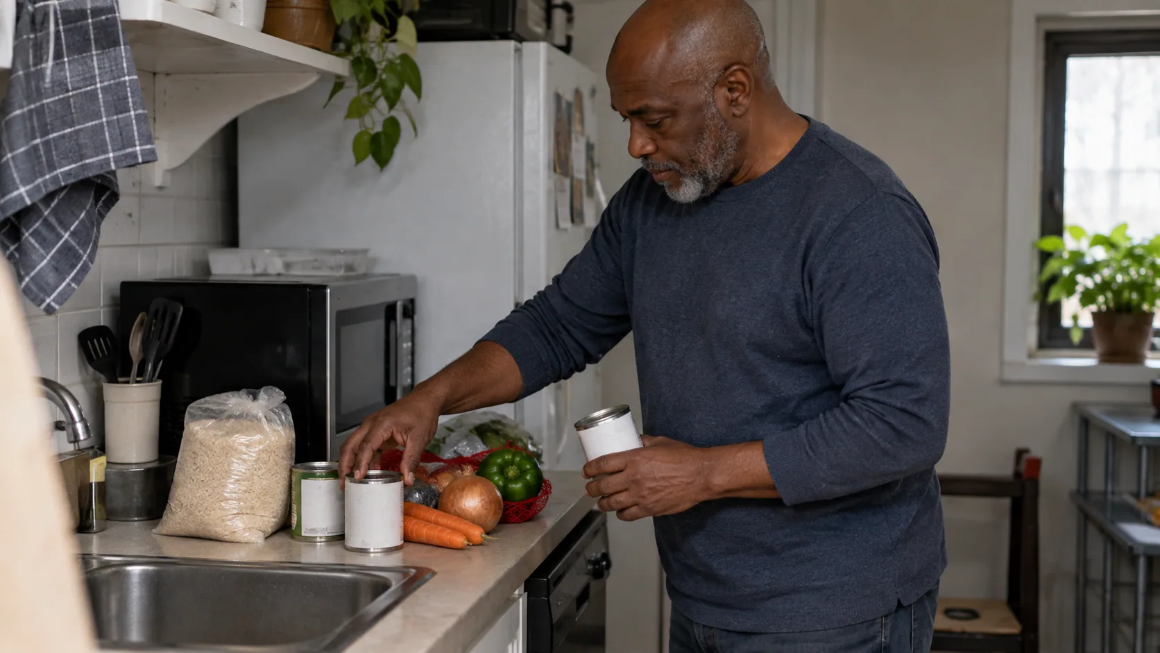A man arranging inexpensive ingredients in a small kitchenette.