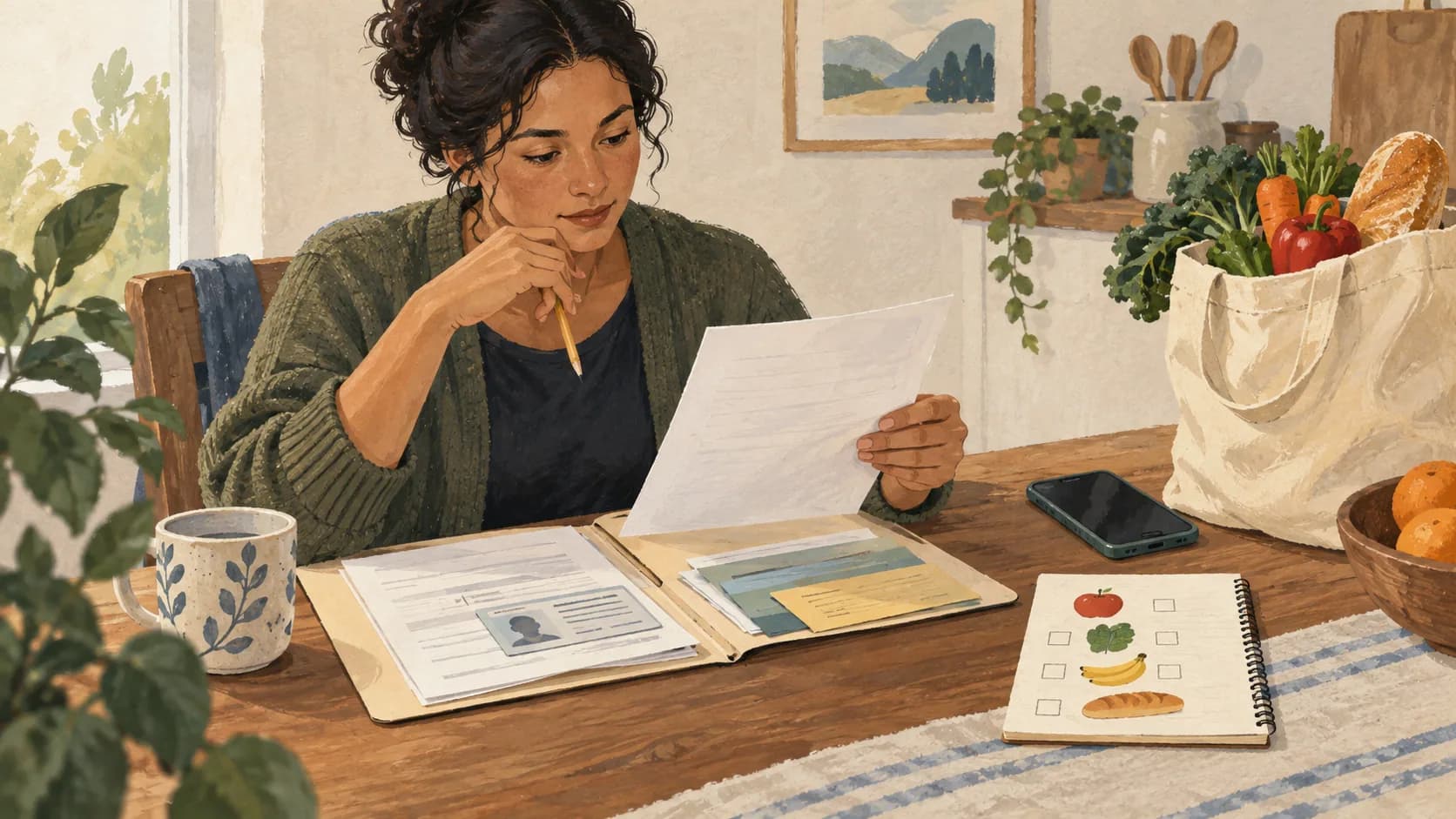 A person checking an application folder beside a grocery bag and a phone.