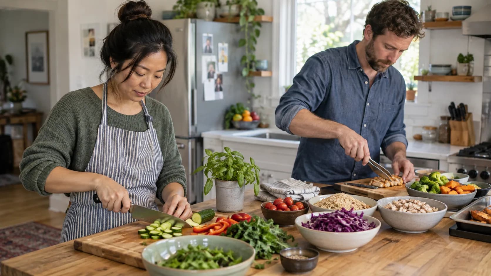An Asian woman and a white man preparing different portions of one family meal in a kitchen: separate cutting boards and bowls of vegetables.