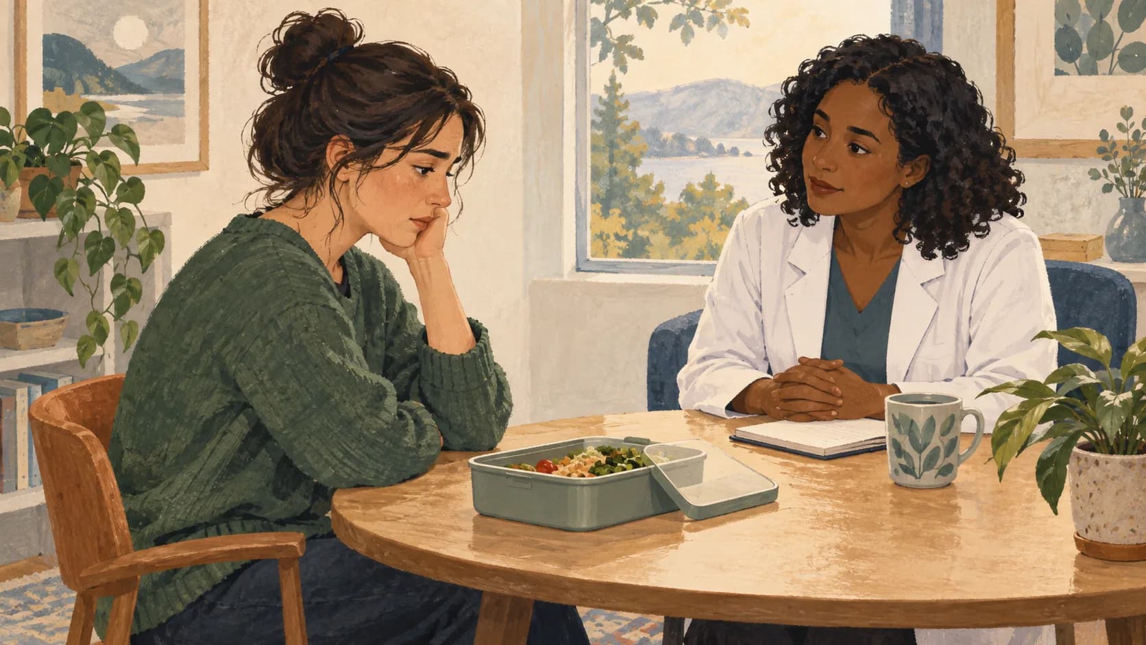 A person sitting with a clinician at a small table.