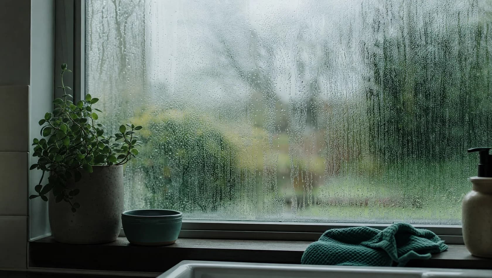 A kitchen window running with condensation on a cold morning, a blurred garden beyond, cool grey-green cast.