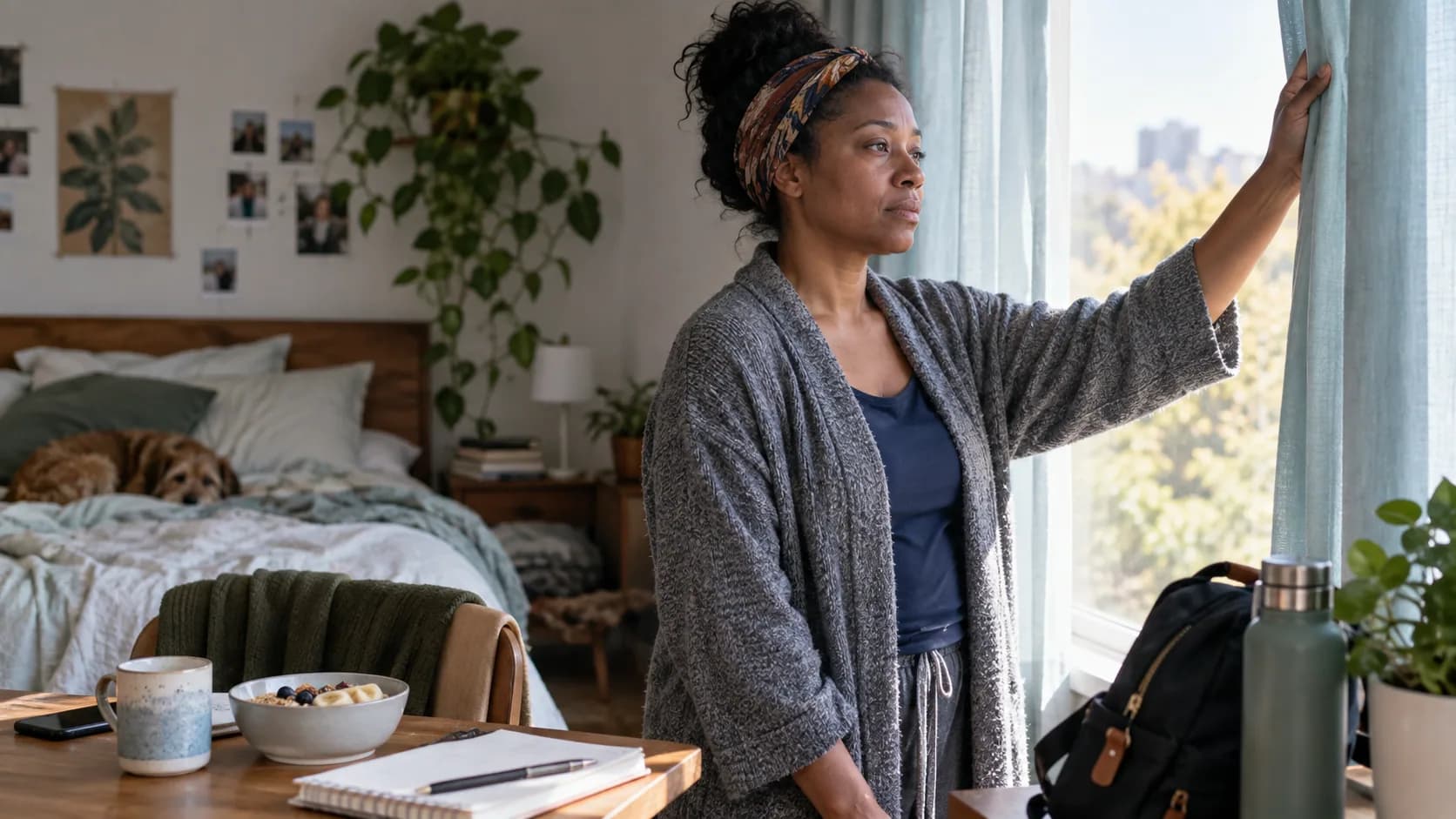 A tired adult Black woman opening pale blue curtains after a restless night.