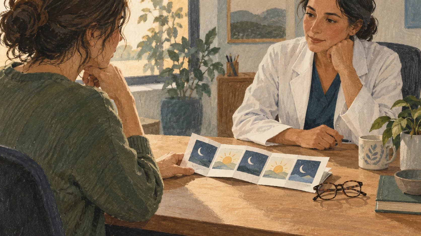 A folded sleep diary with a moon-and-sun sequence beside reading glasses.