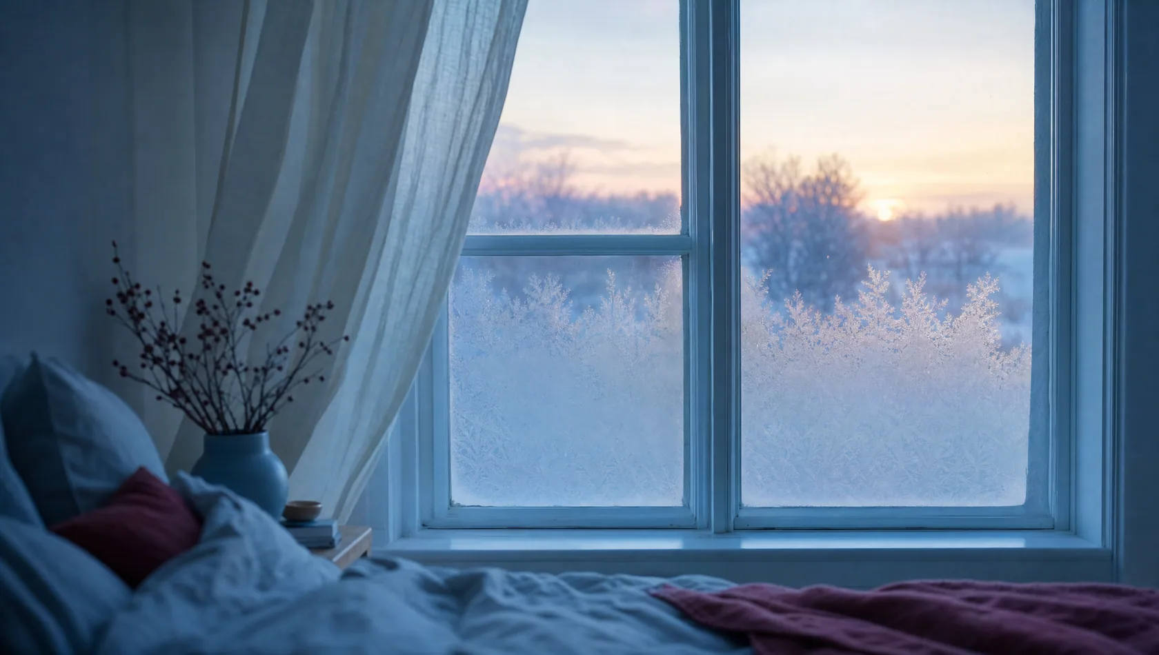 A bedroom window at dawn with frost feathering the lower panes and the curtain edge lifted, blue-white cast.
