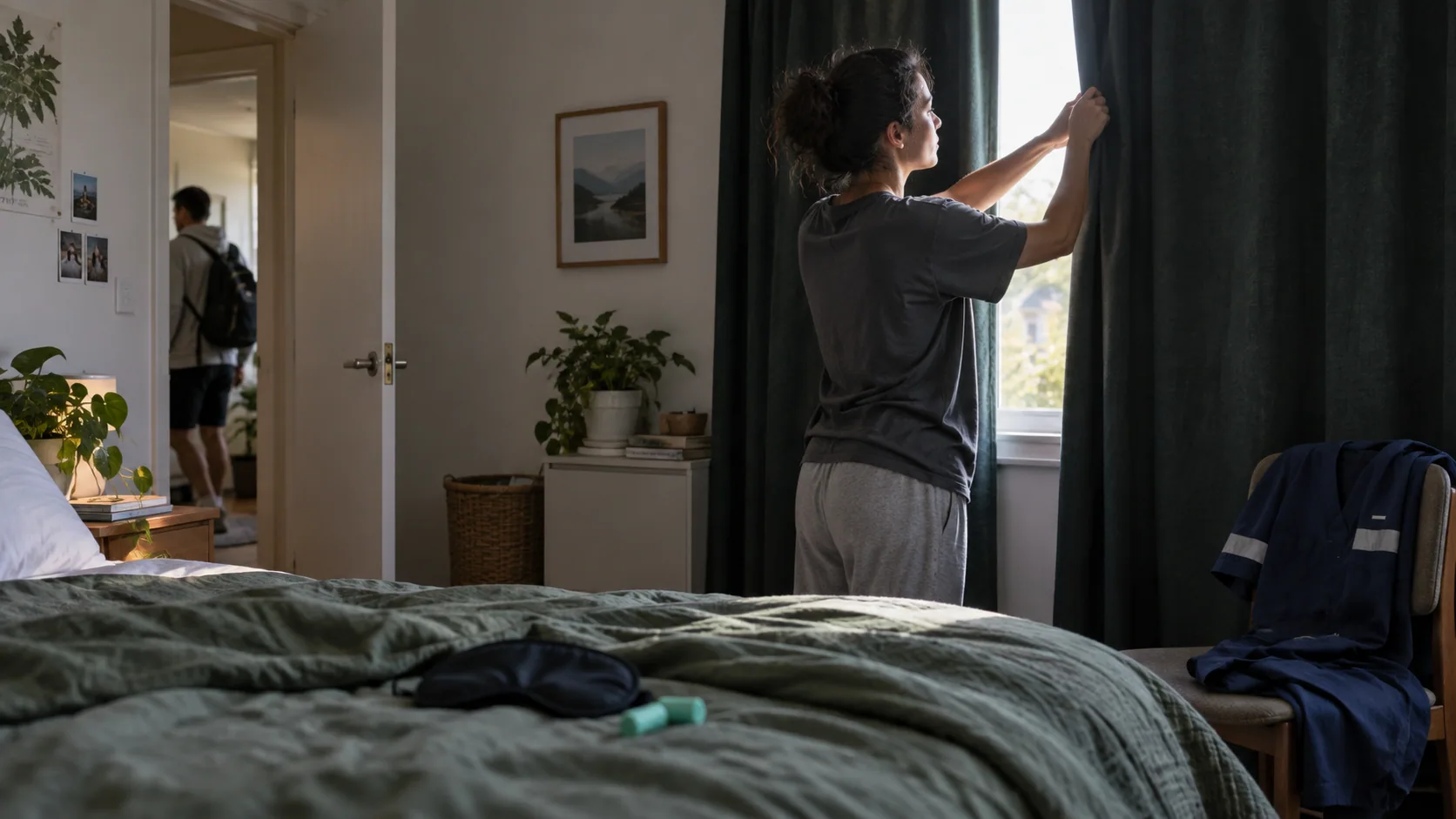 A quiet shared-home bedroom at midday with blackout curtains.