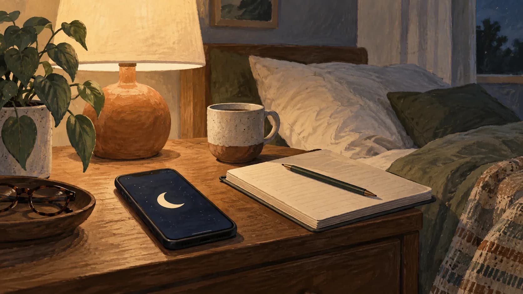 A phone showing a very simple moon graphic next to a paper sleep notebook and a bedside lamp.