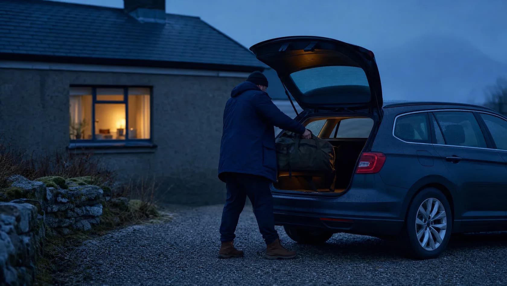 A figure loading a bag into a car boot on a cold blue morning outside a modest house, one lit kitchen window behind.