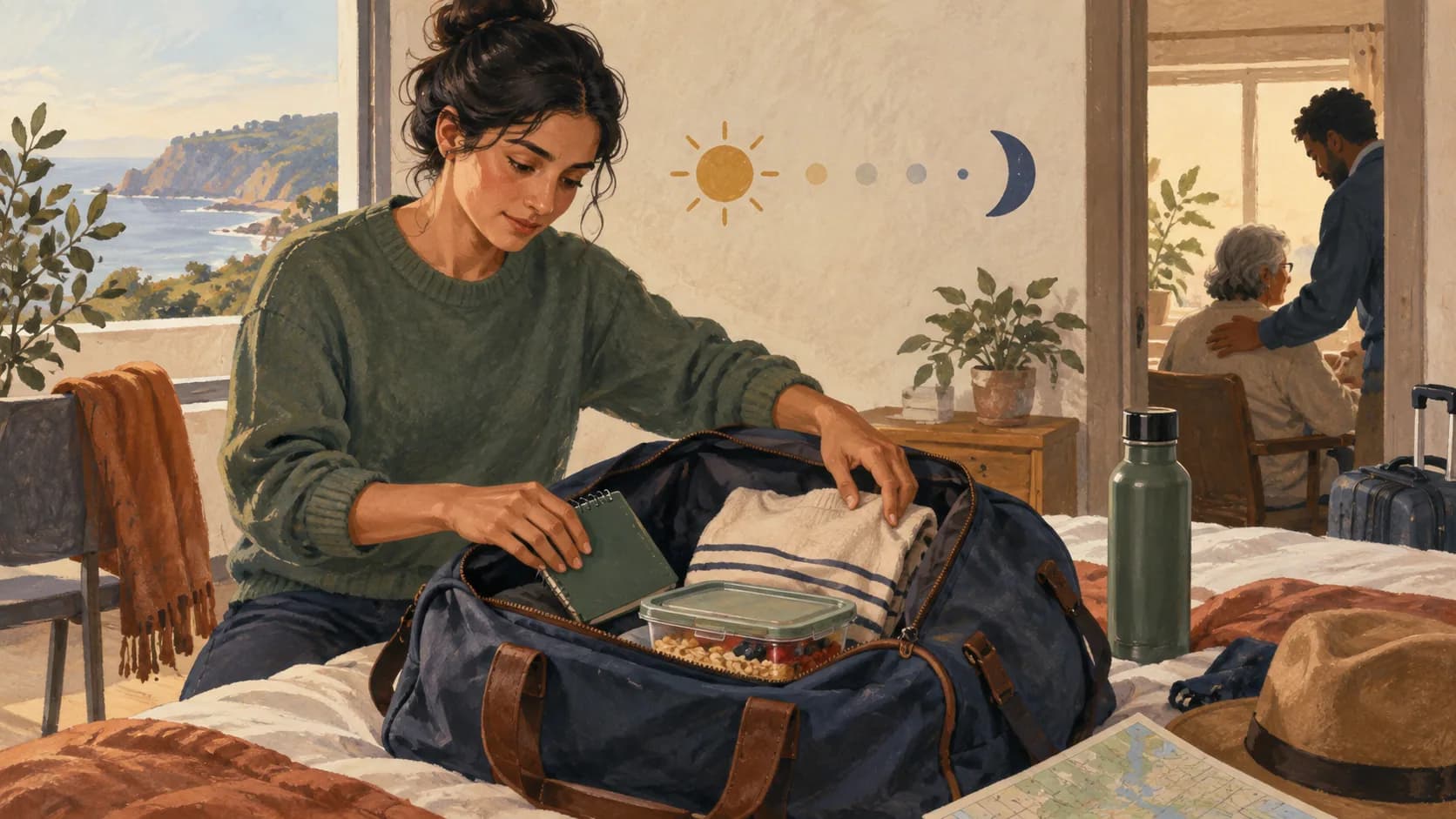 An open overnight bag containing a small planner.