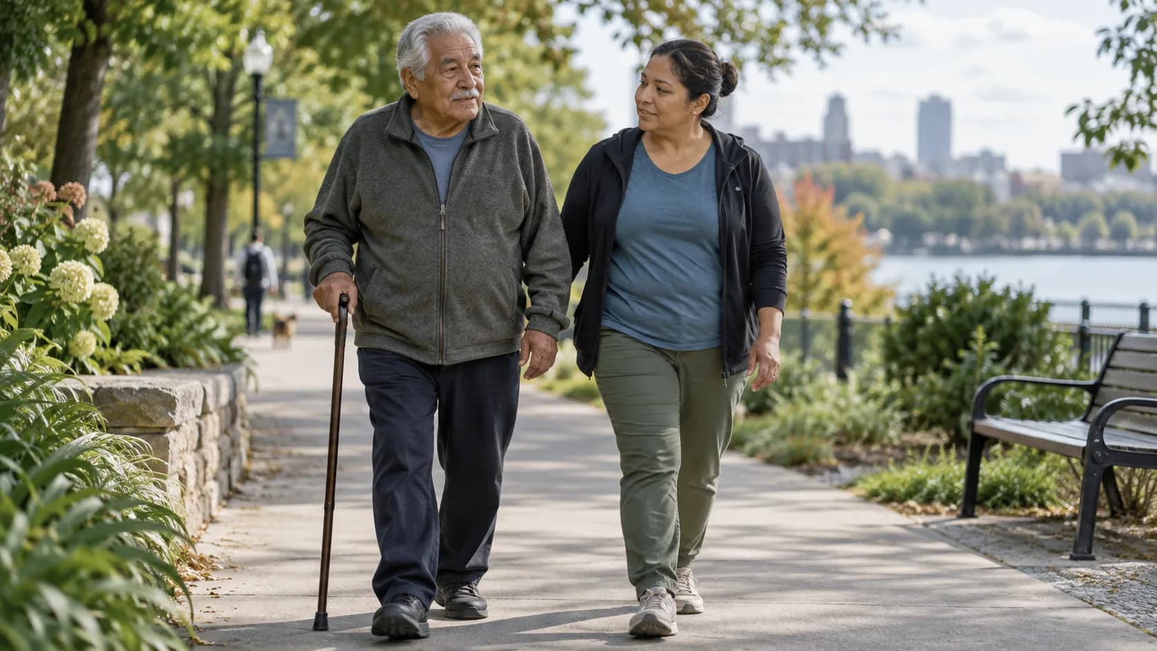 An older Latino man using a walking stick and a middle-aged woman on a level city-park walkway.