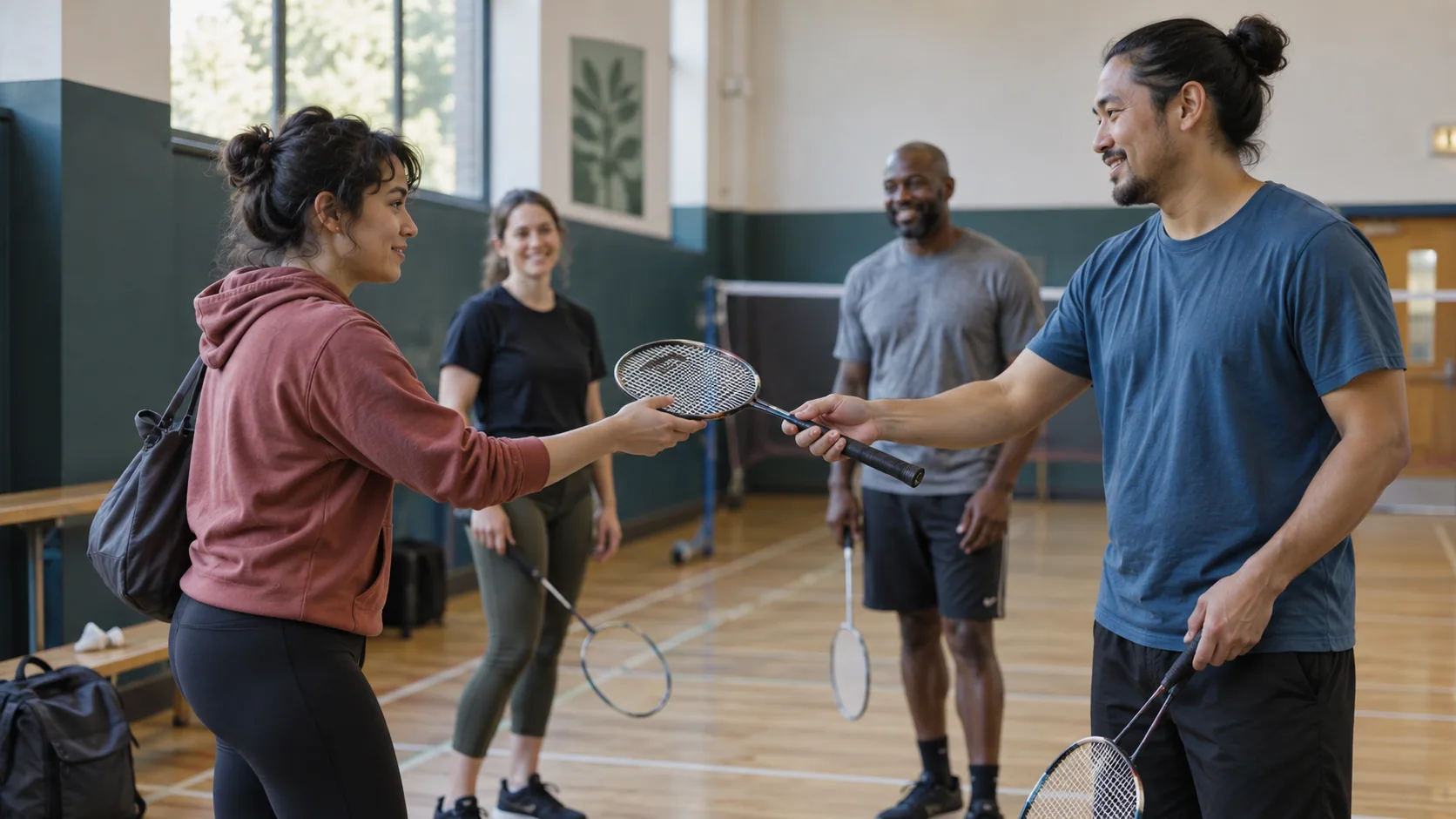 A beginner joining an informal community badminton session in a modest gym.
