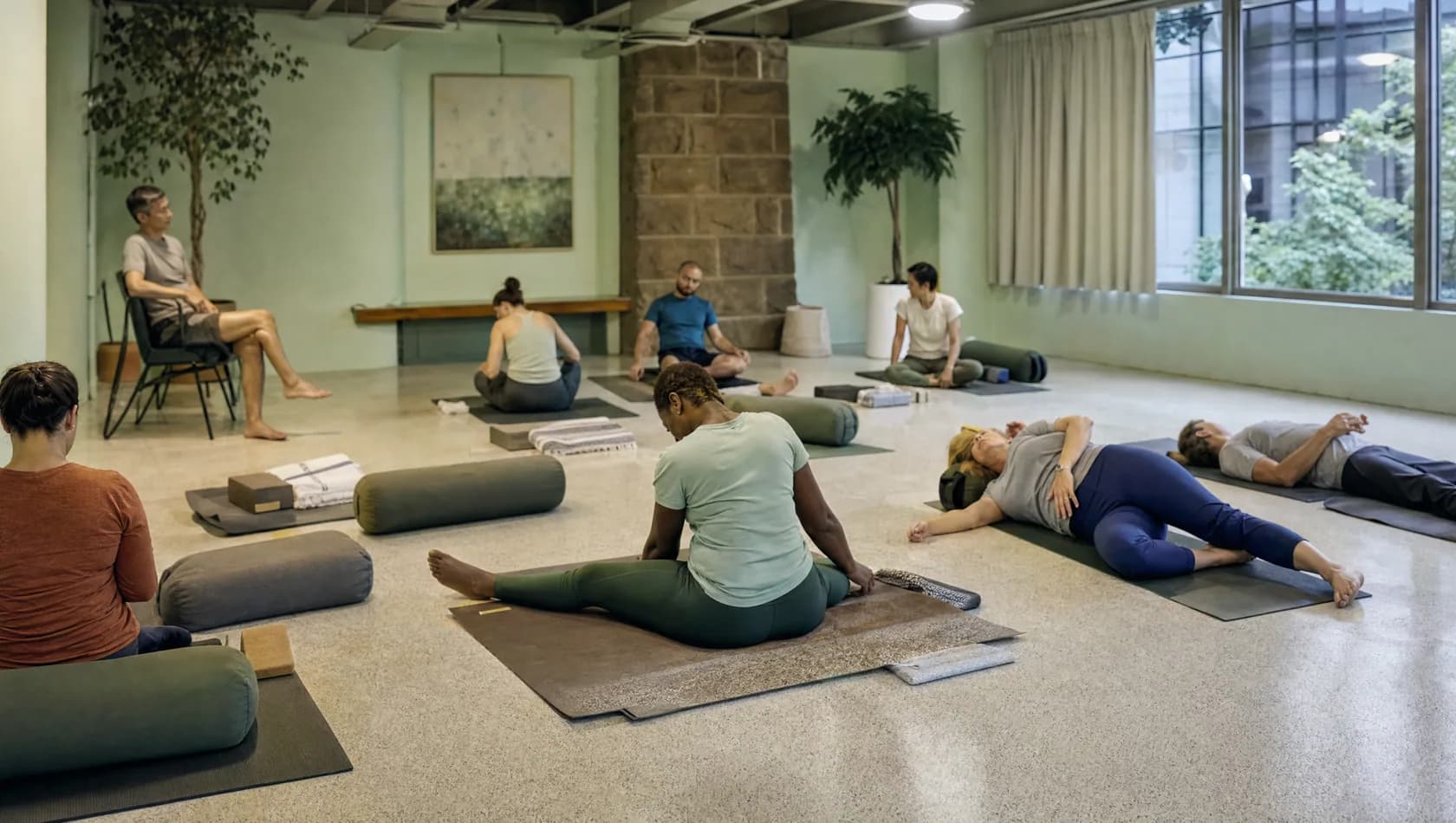 A leisure-centre studio with adults on mats at varied levels and one seated on a chair, mixed light.