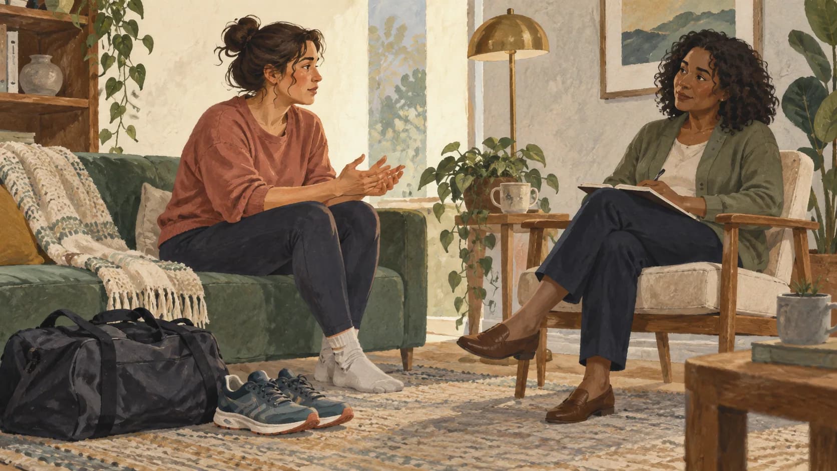 Running shoes placed beside a closed gym bag while a person talks with a trusted professional.