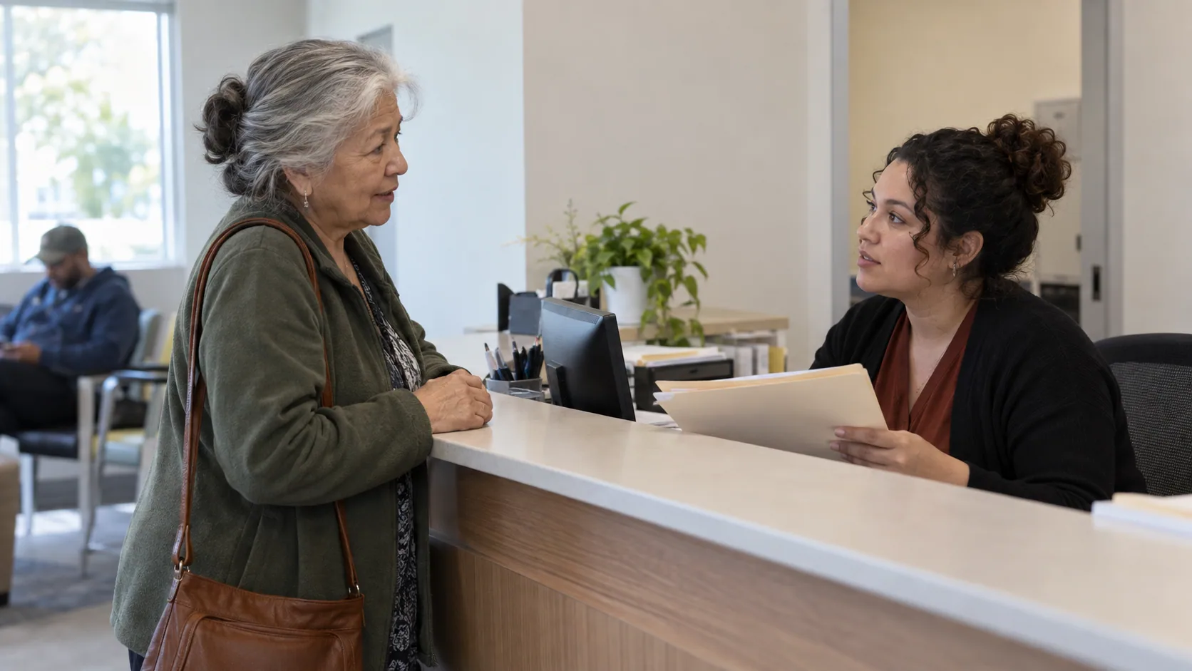 A woman in her sixties speaking with a receptionist at a small community health clinic.