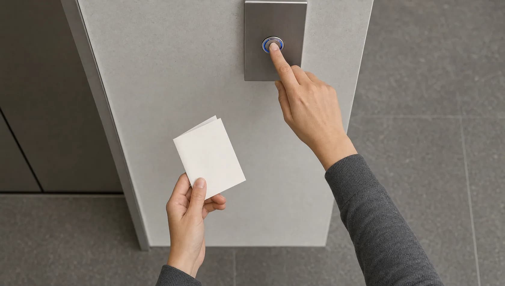 Close up: one hand pressing a lift call button in a plain lobby, the other holding a folded blank card, flat overhead light.