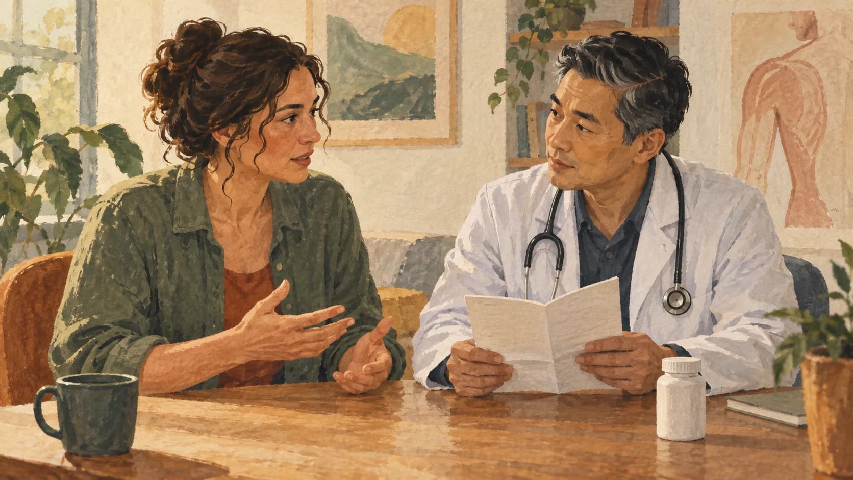 A patient and clinician reviewing a folded list beside a shoulder outline and a closed unmarked medicine container.